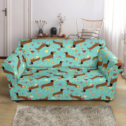 Dachshund with Floral Print Pattern Loveseat Slipcover-JTAMIGO.COM