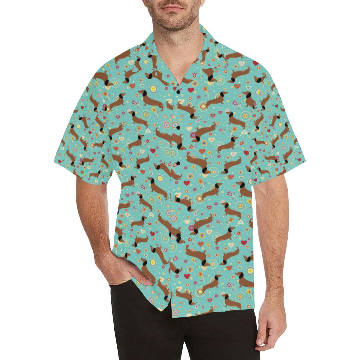 Dachshund with Floral Print Pattern Men Aloha Hawaiian Shirt