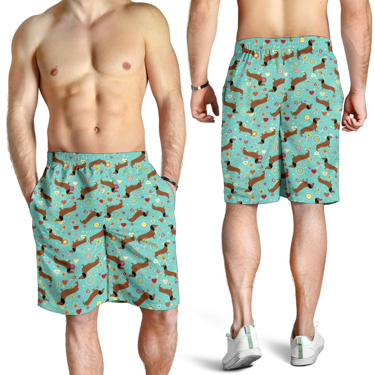 Dachshund with Floral Print Pattern Mens Shorts-JTAMIGO.COM