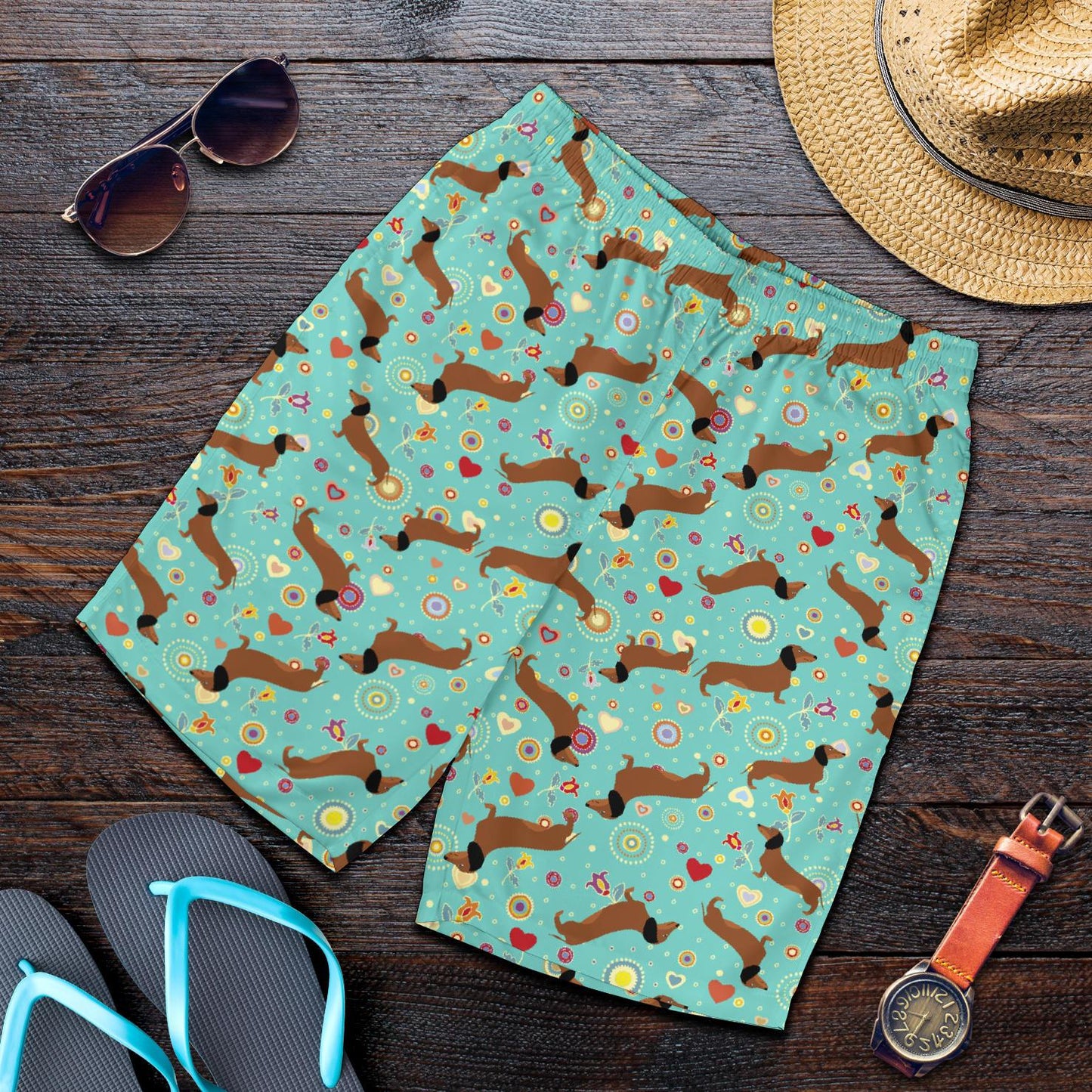 Dachshund with Floral Print Pattern Mens Shorts-JTAMIGO.COM