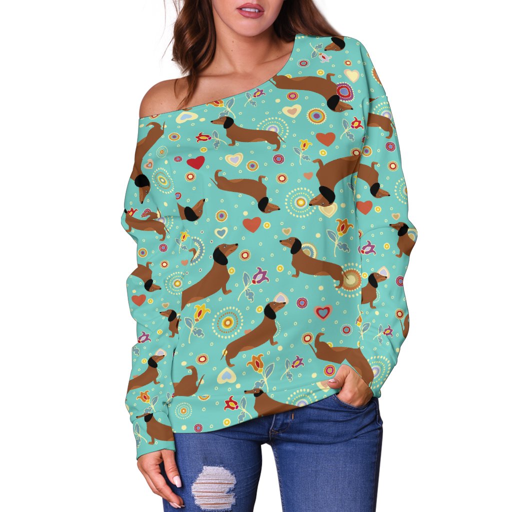Dachshund with Floral Print Pattern Off Shoulder Sweatshirt