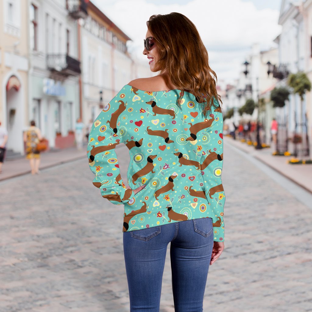 Dachshund with Floral Print Pattern Off Shoulder Sweatshirt