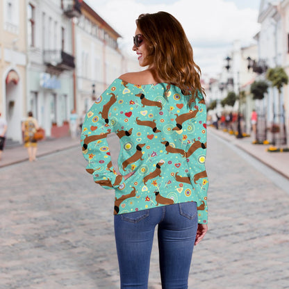 Dachshund with Floral Print Pattern Off Shoulder Sweatshirt