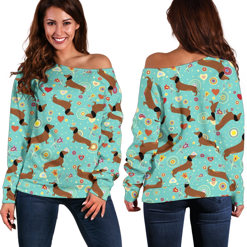 Dachshund with Floral Print Pattern Off Shoulder Sweatshirt