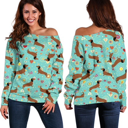 Dachshund with Floral Print Pattern Off Shoulder Sweatshirt