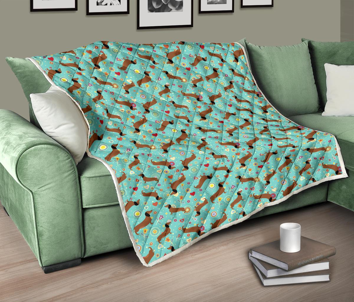 Dachshund with Floral Print Pattern Premium Quilt-JTAMIGO.COM