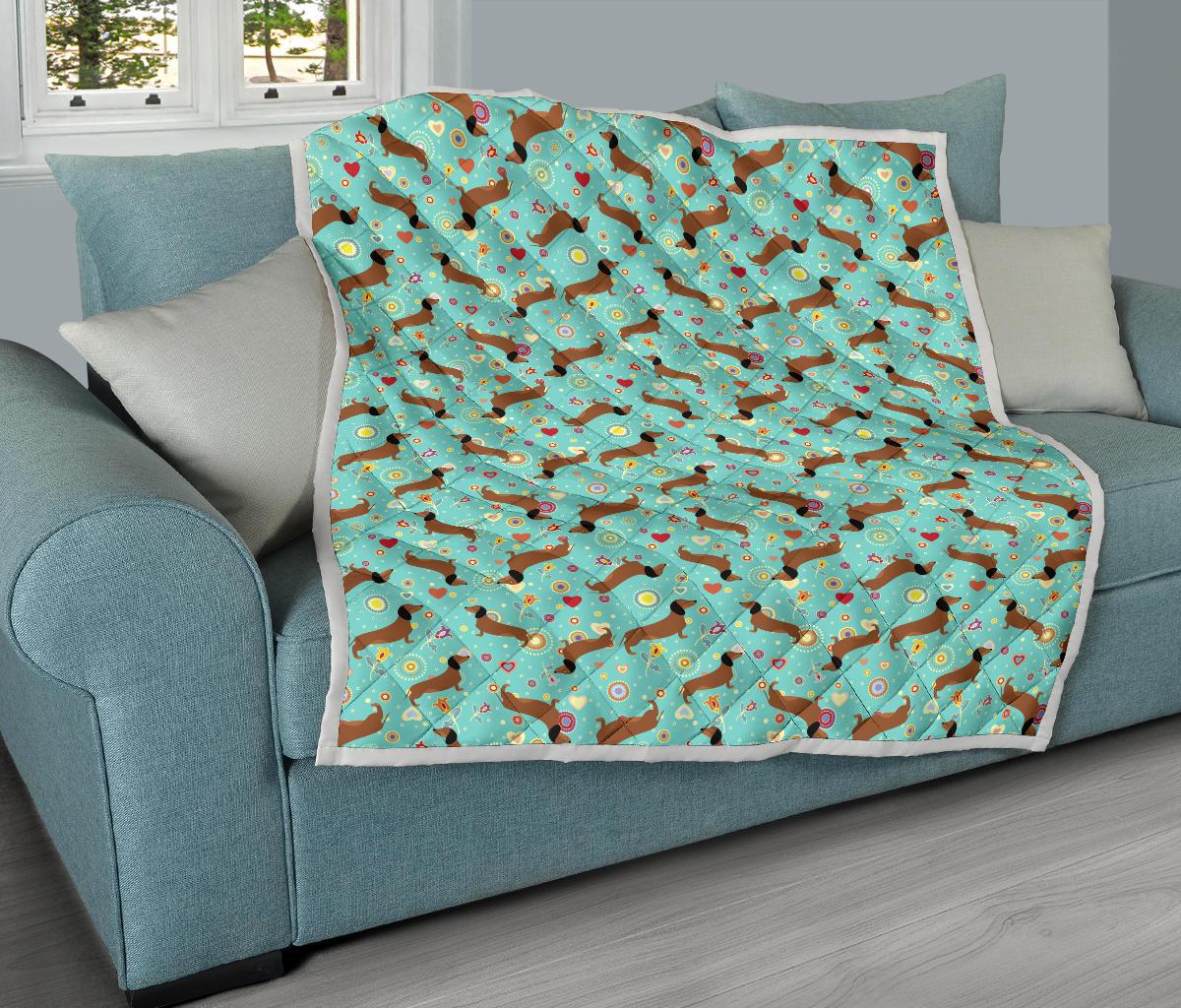 Dachshund with Floral Print Pattern Premium Quilt-JTAMIGO.COM