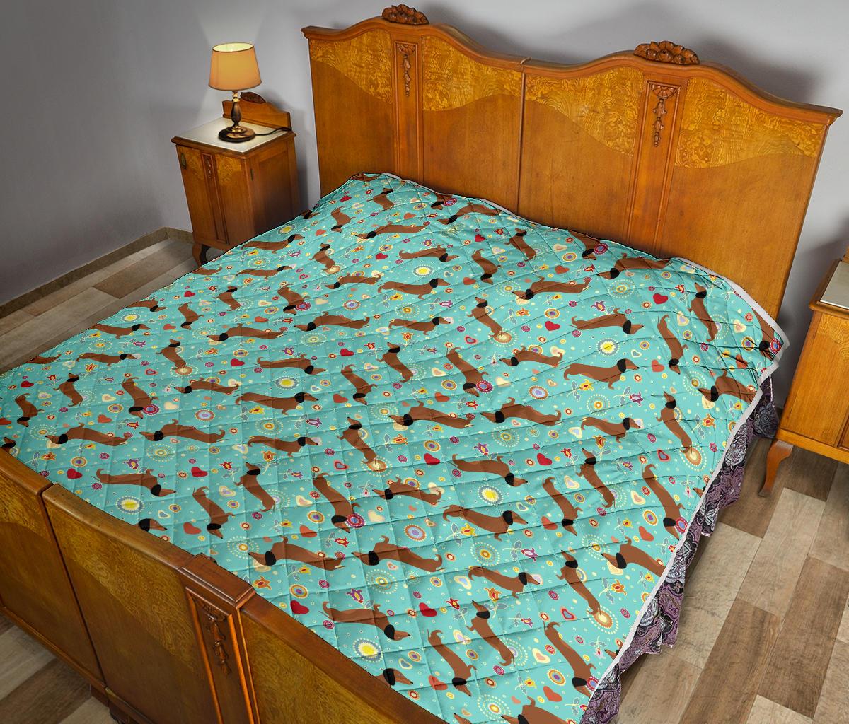 Dachshund with Floral Print Pattern Premium Quilt-JTAMIGO.COM