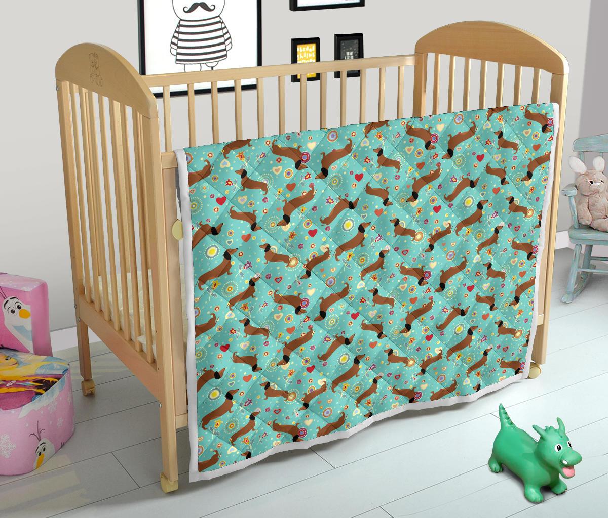 Dachshund with Floral Print Pattern Premium Quilt-JTAMIGO.COM