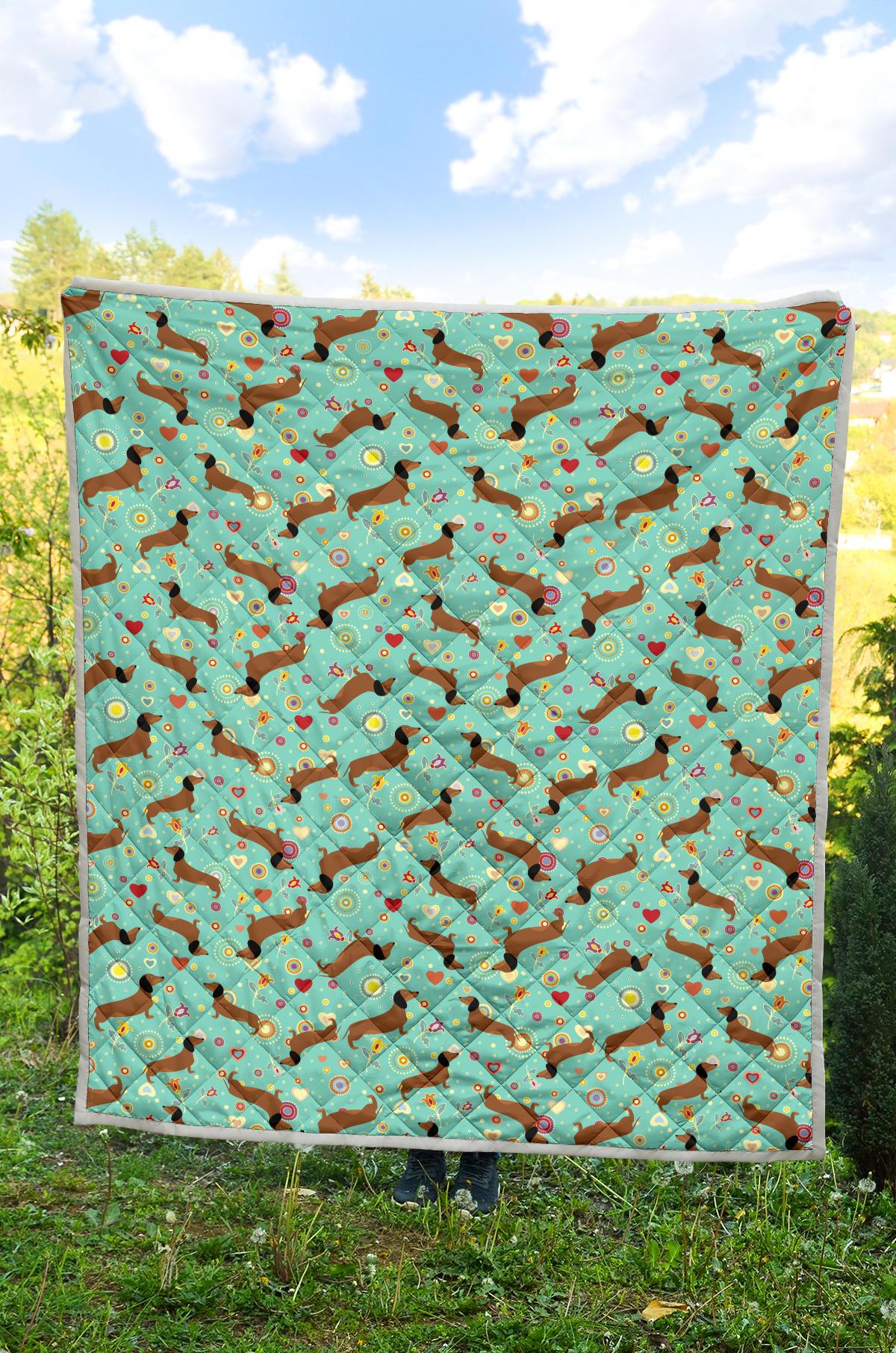 Dachshund with Floral Print Pattern Premium Quilt-JTAMIGO.COM