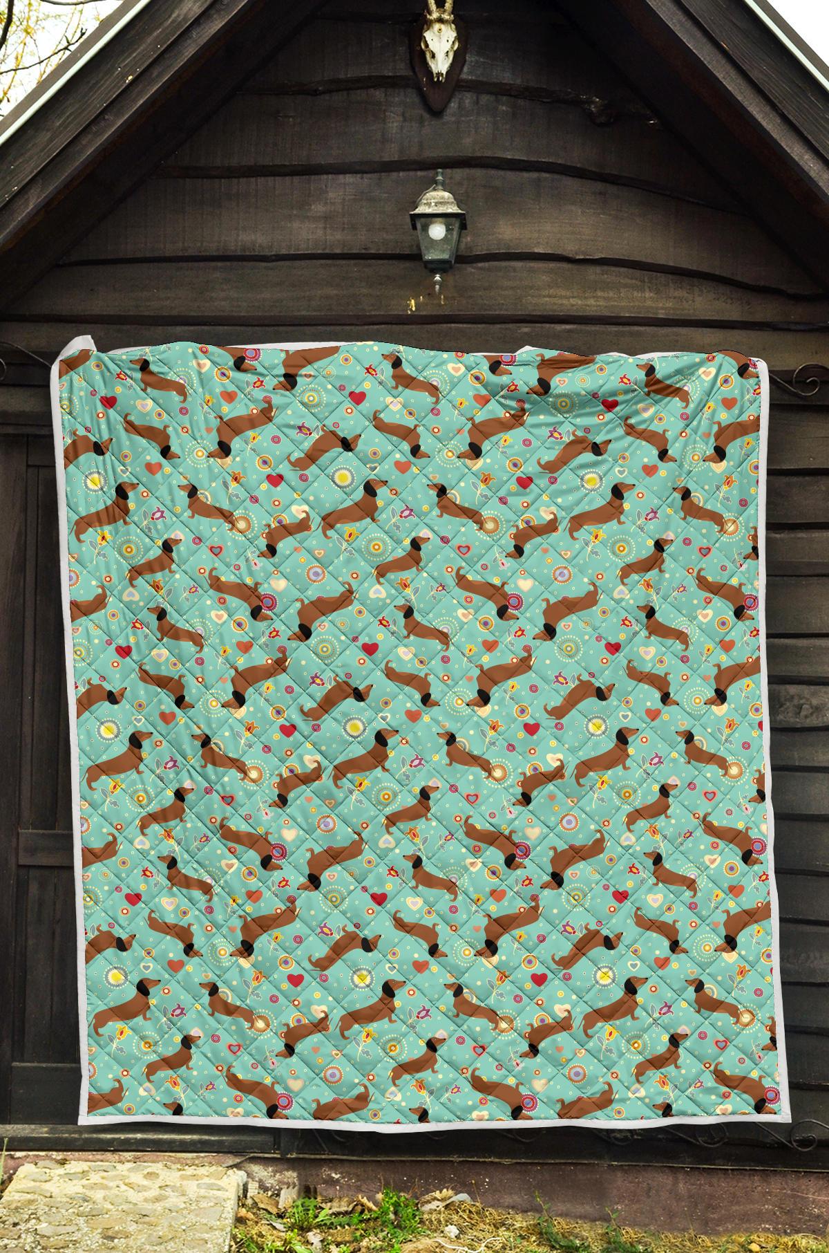 Dachshund with Floral Print Pattern Premium Quilt-JTAMIGO.COM