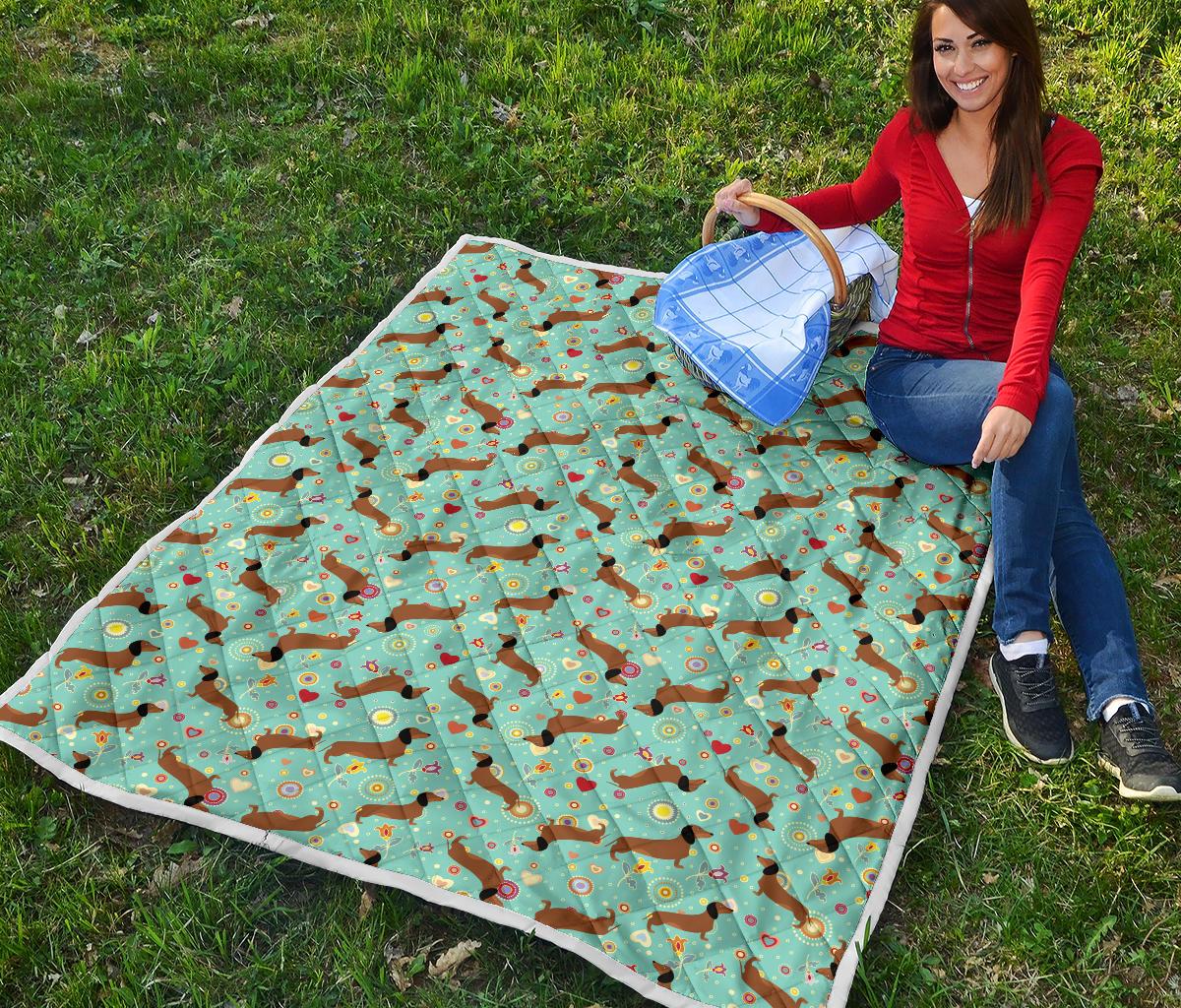 Dachshund with Floral Print Pattern Premium Quilt-JTAMIGO.COM