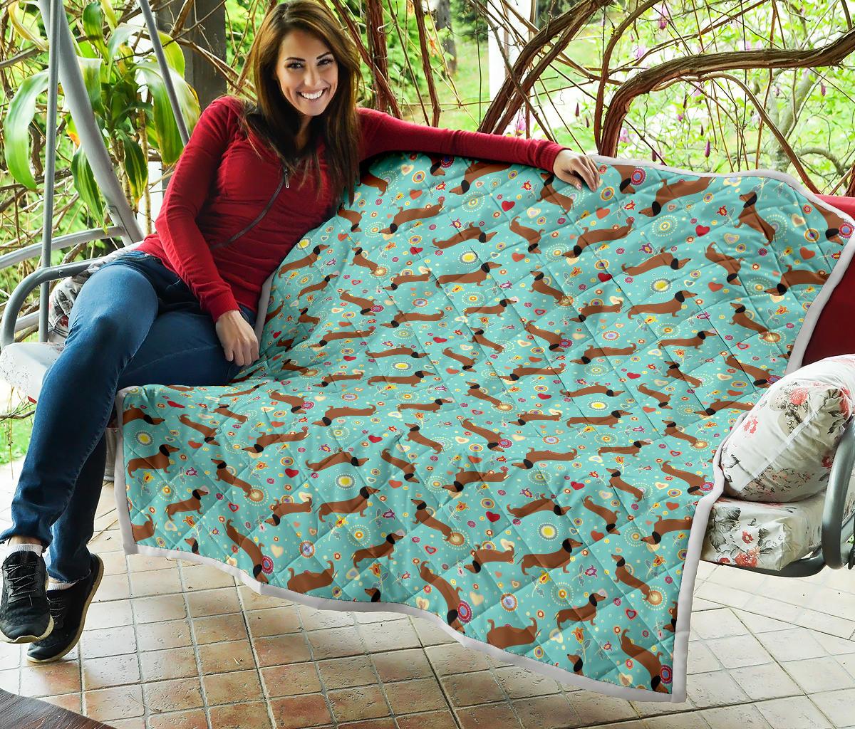 Dachshund with Floral Print Pattern Premium Quilt-JTAMIGO.COM