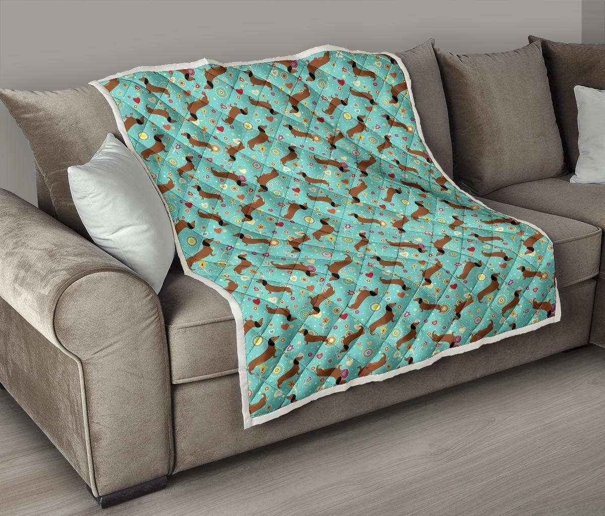 Dachshund with Floral Print Pattern Premium Quilt-JTAMIGO.COM