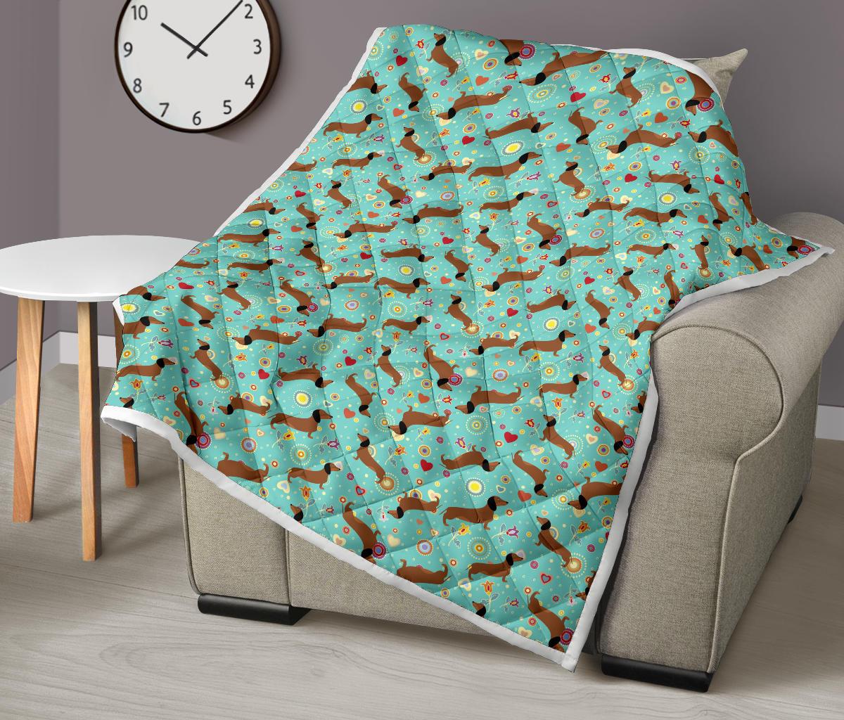Dachshund with Floral Print Pattern Premium Quilt-JTAMIGO.COM