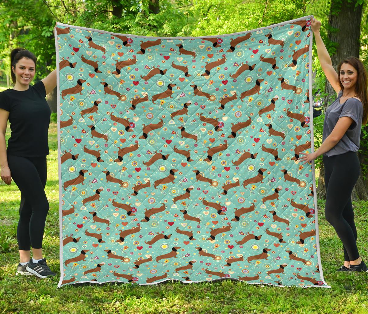 Dachshund with Floral Print Pattern Premium Quilt-JTAMIGO.COM