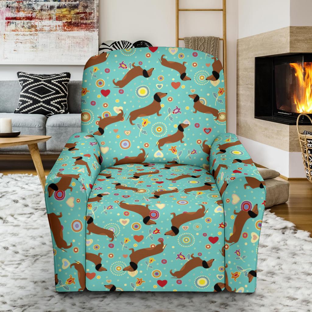 Dachshund with Floral Print Pattern Single Sofa Slipcover -JTAMIGO.COM
