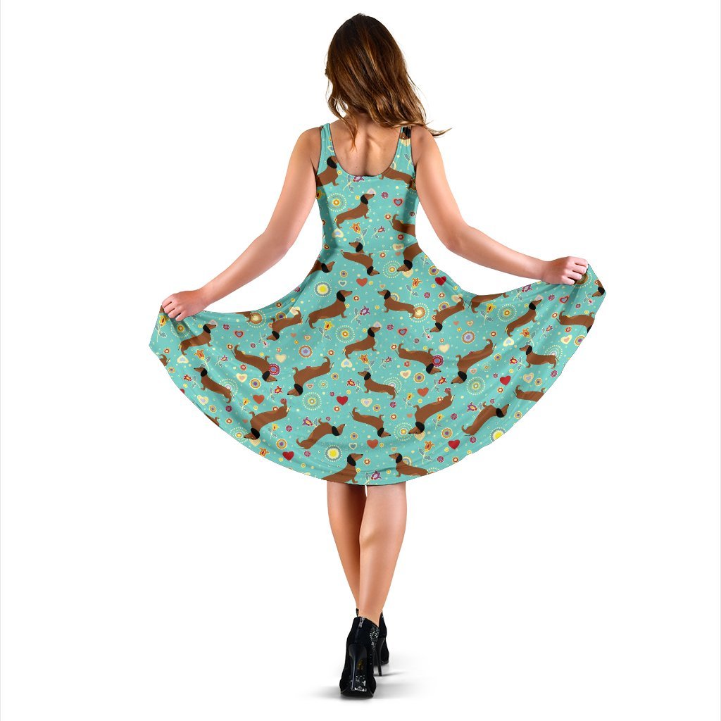 Dachshund With Floral Print Pattern Sleeveless Dress