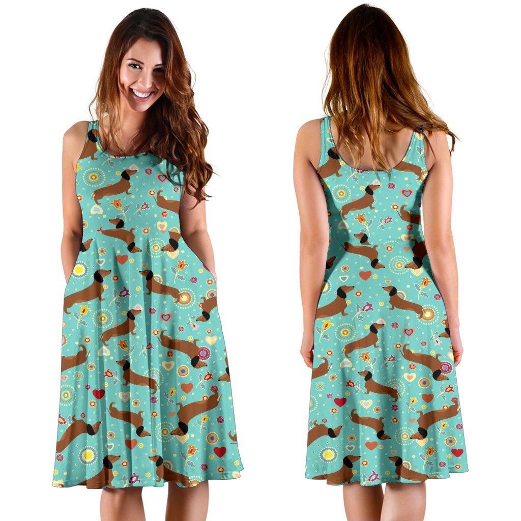Dachshund With Floral Print Pattern Sleeveless Dress