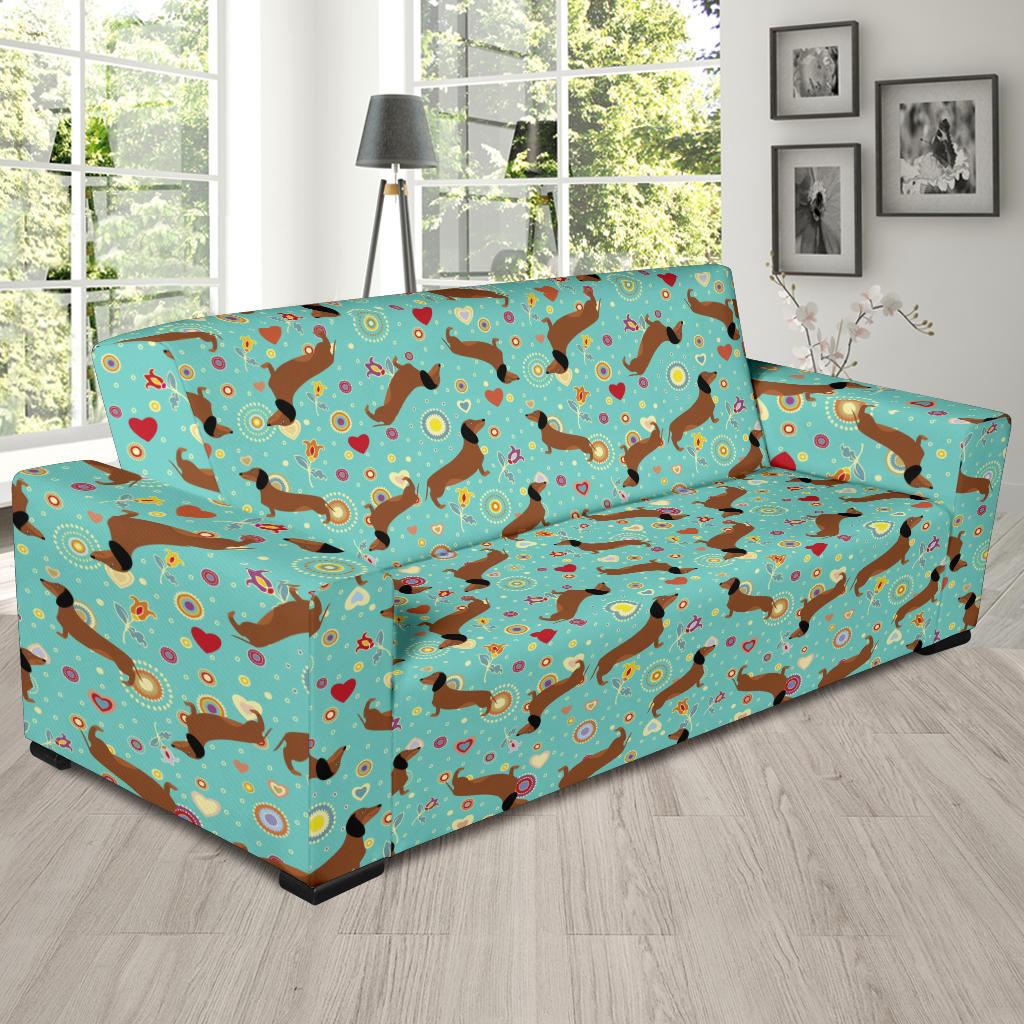 Dachshund with Floral Print Pattern Sofa Slipcover-JTAMIGO.COM