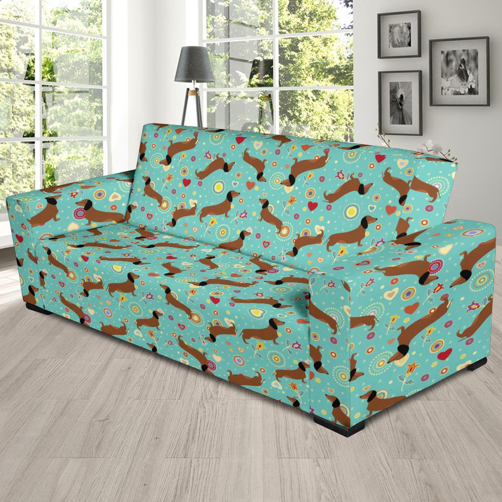 Dachshund with Floral Print Pattern Sofa Slipcover-JTAMIGO.COM