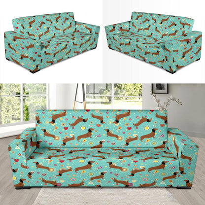 Dachshund with Floral Print Pattern Sofa Slipcover-JTAMIGO.COM