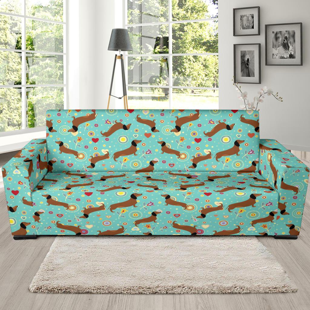 Dachshund with Floral Print Pattern Sofa Slipcover-JTAMIGO.COM