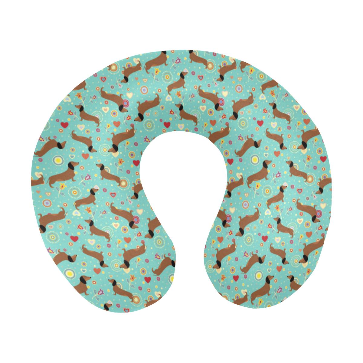 Dachshund with Floral Print Pattern U-Shaped Travel Neck Pillow-JTAMIGO.COM
