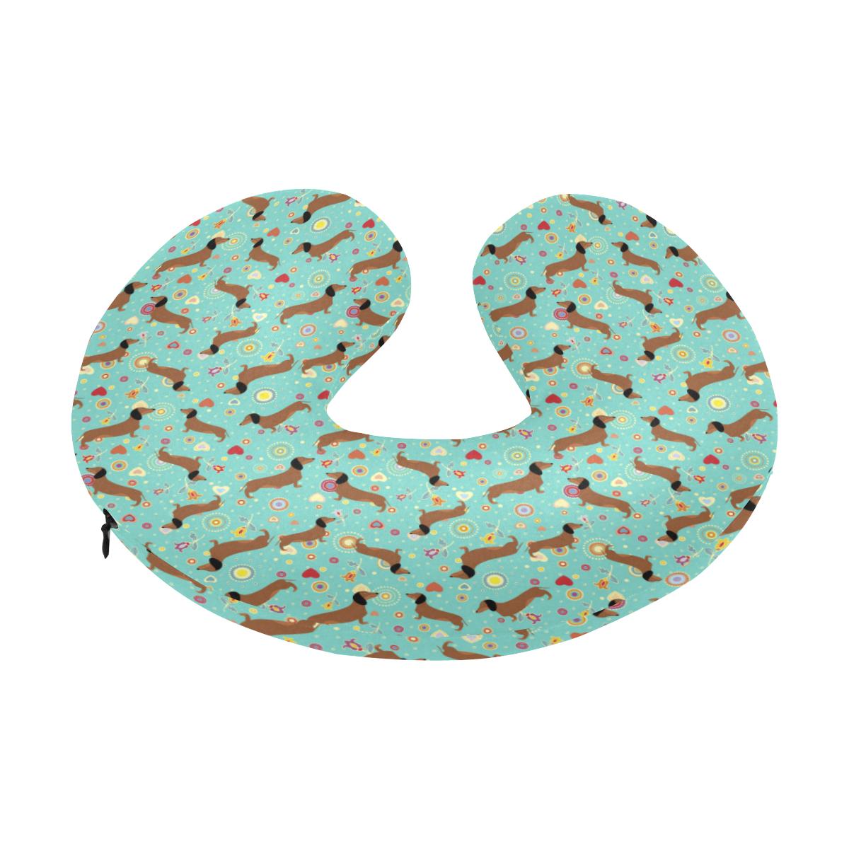 Dachshund with Floral Print Pattern U-Shaped Travel Neck Pillow-JTAMIGO.COM