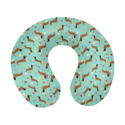 Dachshund with Floral Print Pattern U-Shaped Travel Neck Pillow-JTAMIGO.COM