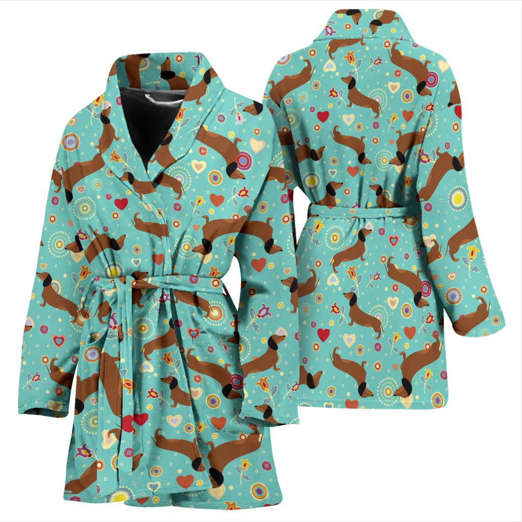 Dachshund with Floral Print Pattern Women Bath Robe-JTAMIGO.COM