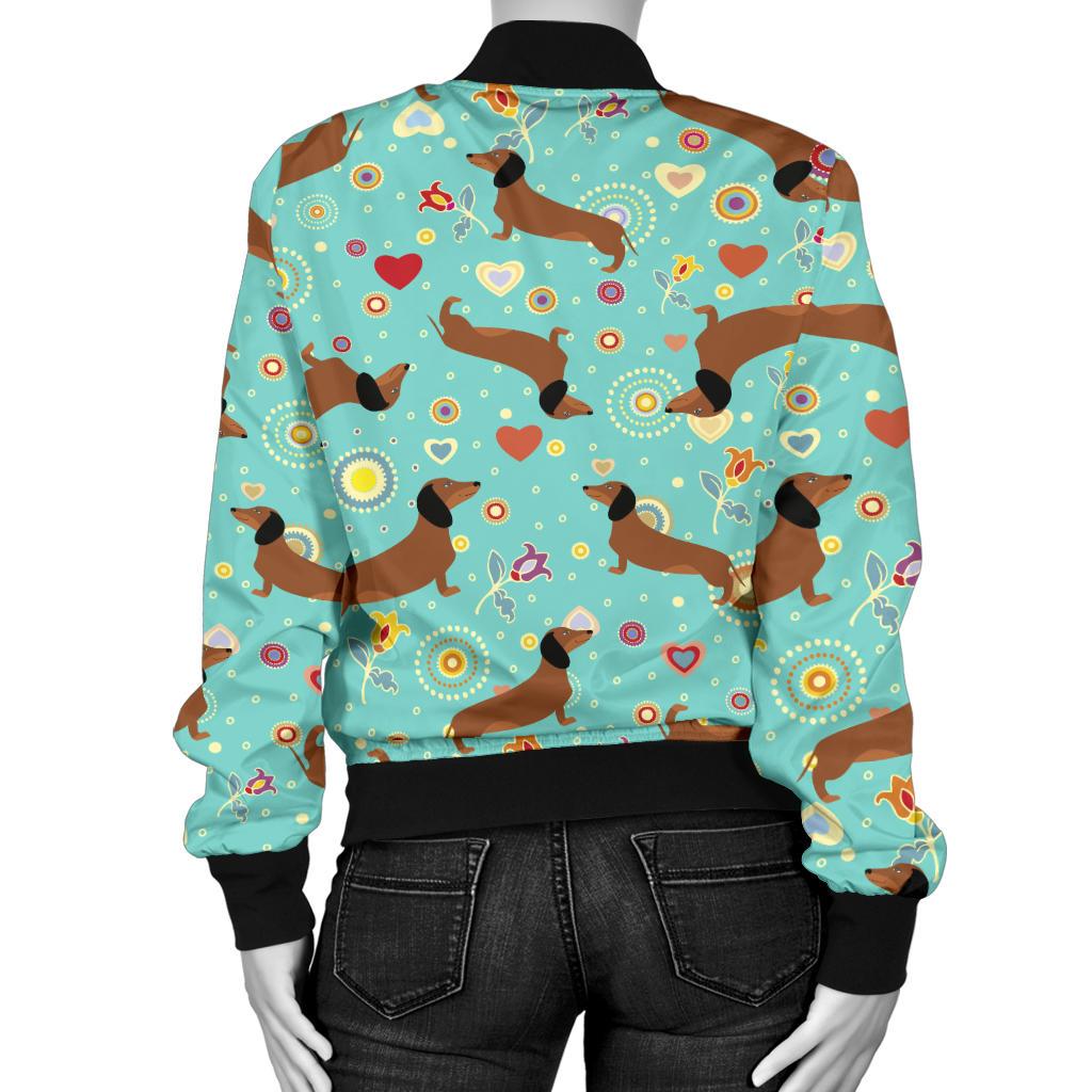 Dachshund With Floral Print Pattern Women Casual Bomber Jacket