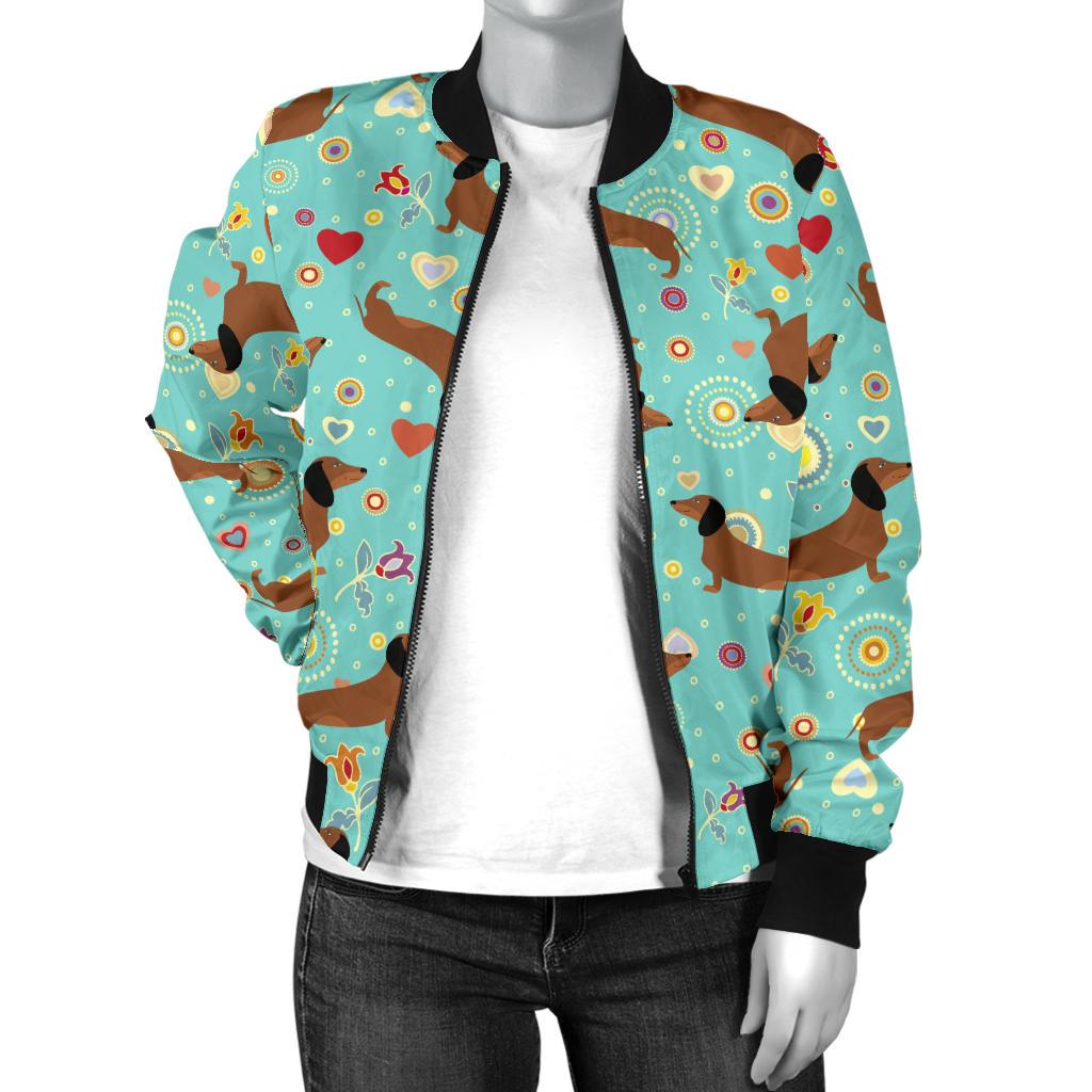Dachshund With Floral Print Pattern Women Casual Bomber Jacket