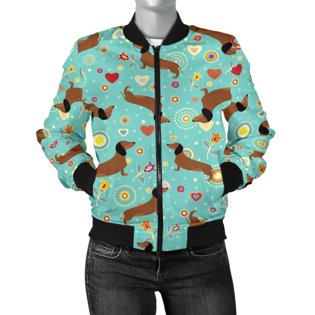 Dachshund With Floral Print Pattern Women Casual Bomber Jacket