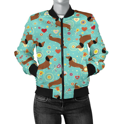 Dachshund With Floral Print Pattern Women Casual Bomber Jacket