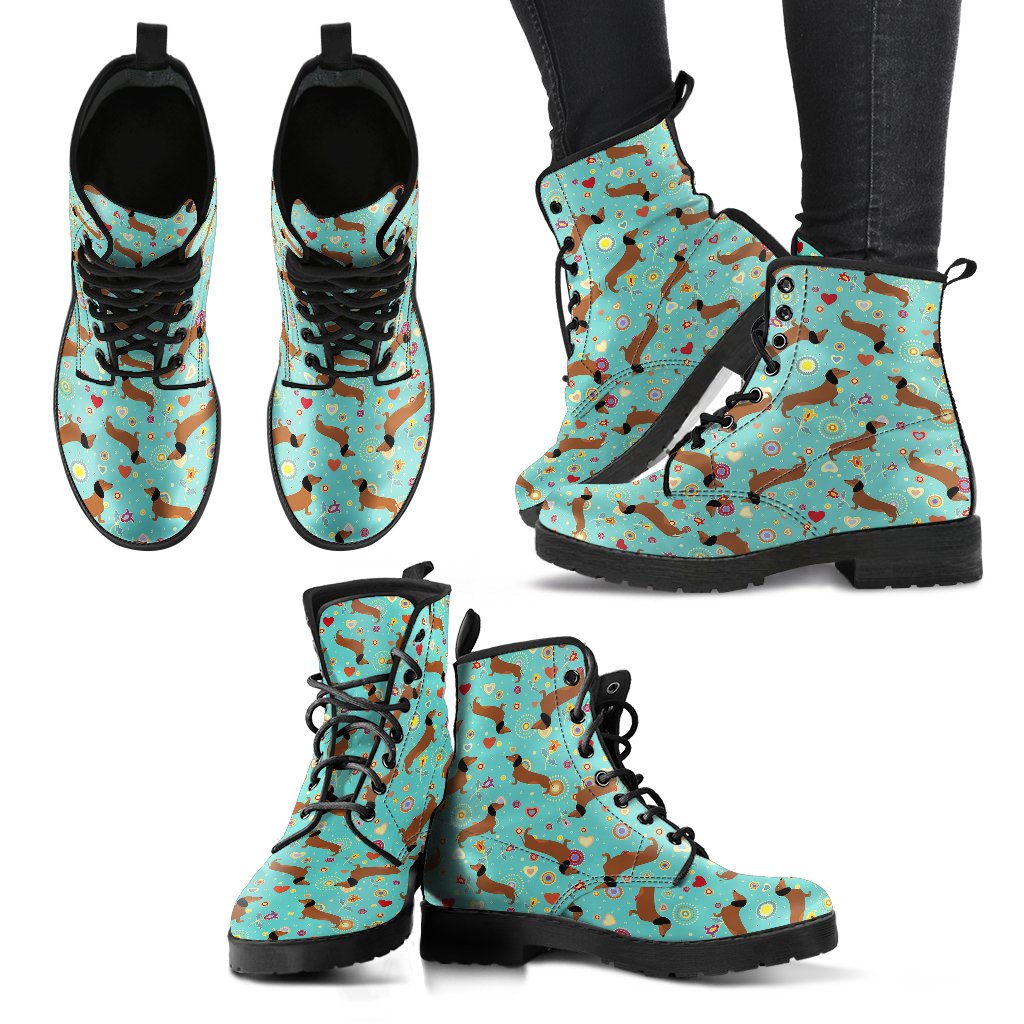 Dachshund with Floral Print Pattern Women Leather Boots-JTAMIGO.COM