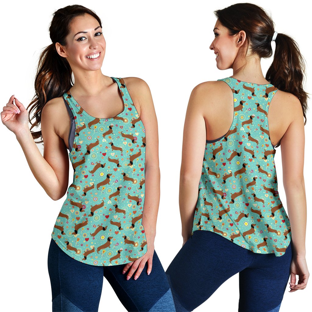 Dachshund with Floral Print Pattern Women Racerback Tank Top