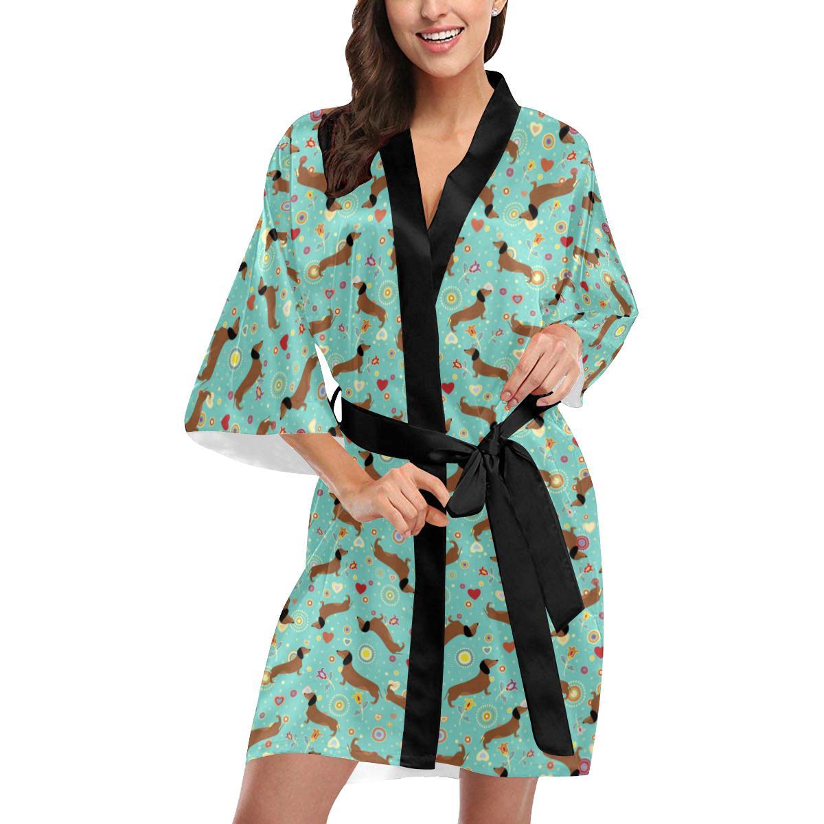 Dachshund with Floral Print Pattern Women Short Kimono Robe