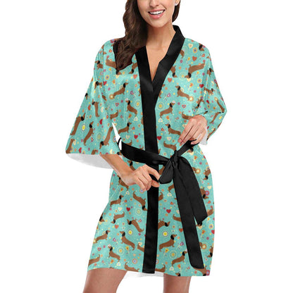 Dachshund with Floral Print Pattern Women Short Kimono Robe