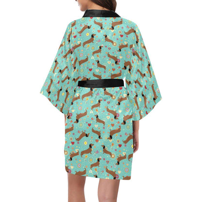 Dachshund with Floral Print Pattern Women Short Kimono Robe