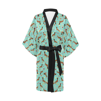 Dachshund with Floral Print Pattern Women Short Kimono Robe