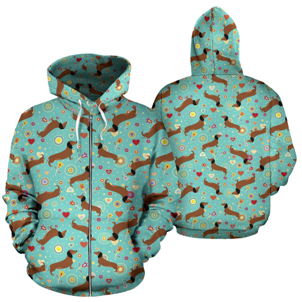 Dachshund with Floral Print Pattern Zip Up Hoodie