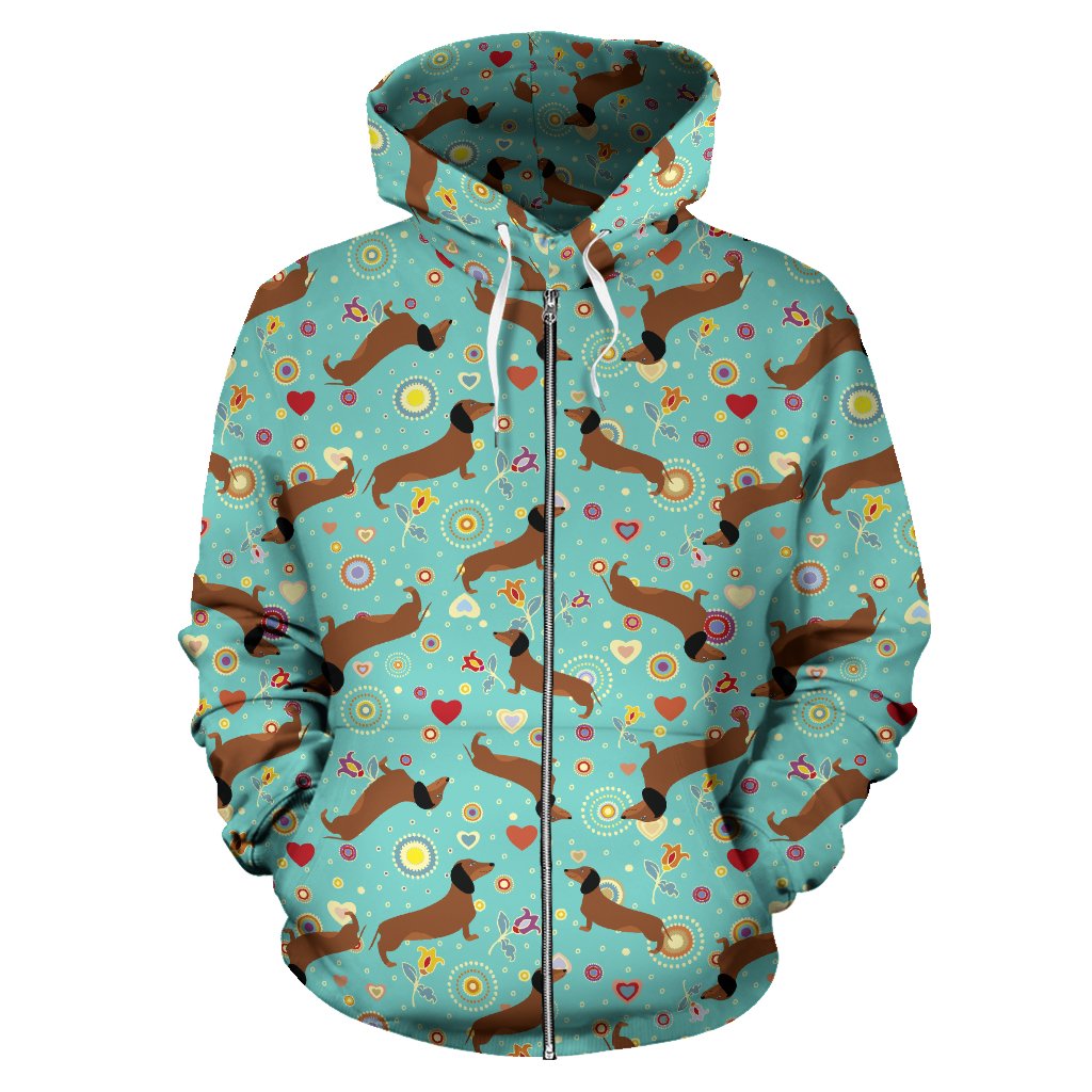 Dachshund with Floral Print Pattern Zip Up Hoodie