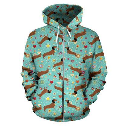 Dachshund with Floral Print Pattern Zip Up Hoodie