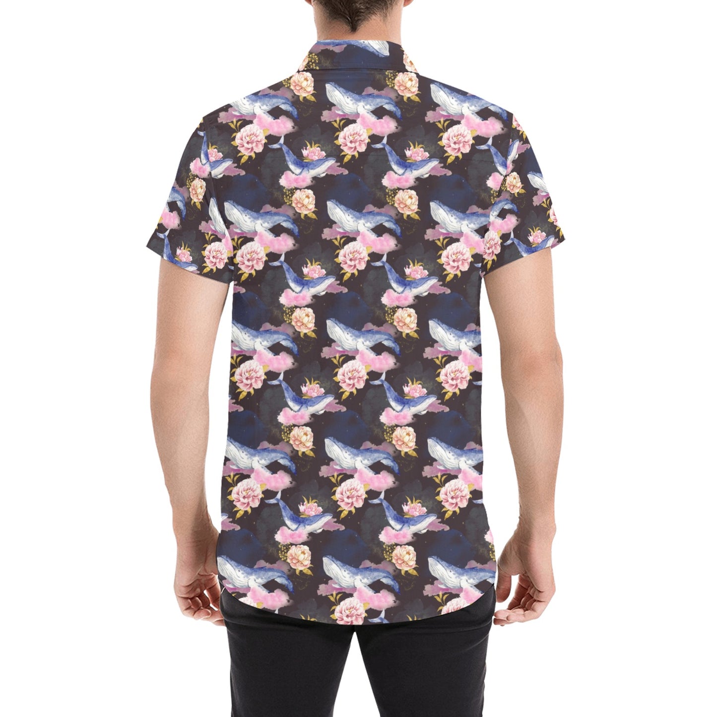 Blue Whale Print Design LKS401 Men Short Sleeve Button Up Shirt