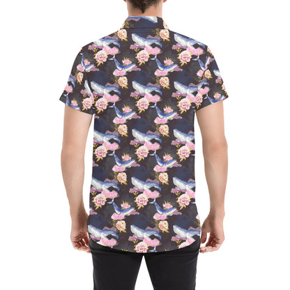 Blue Whale Print Design LKS401 Men Short Sleeve Button Up Shirt