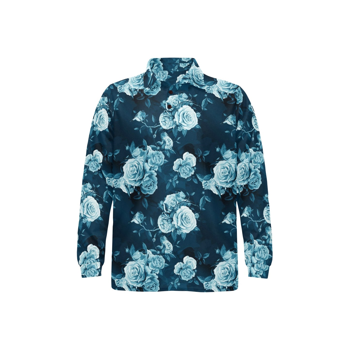 Rose Blue Pattern Print Design RO014 Long Sleeve Polo Shirt For Men's