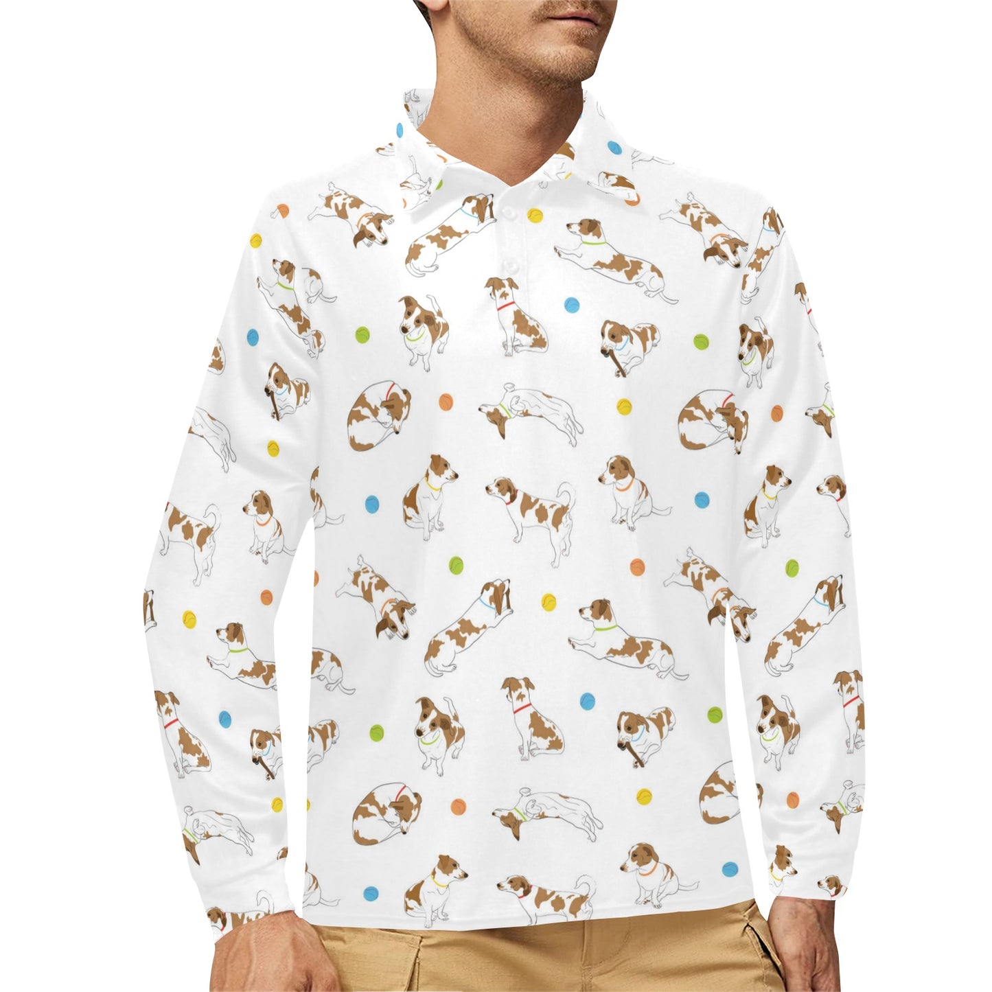 Russell Terriers With Balls Print Design LKS307 Long Sleeve Polo Shirt For Men's