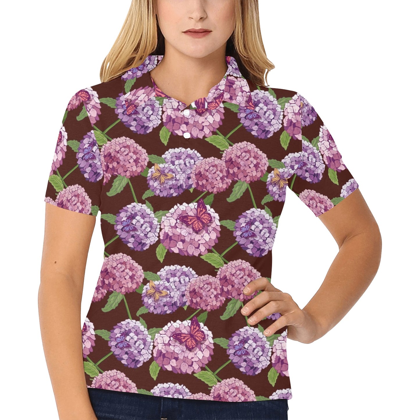 Hydrangea Pattern Print Design HD08 Women's Polo Shirt