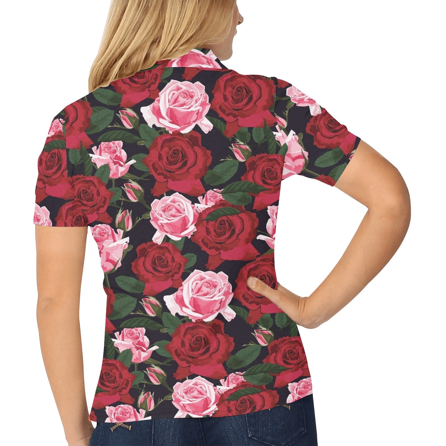 Rose Red Pink Pattern Print Design RO01 Women's Polo Shirt